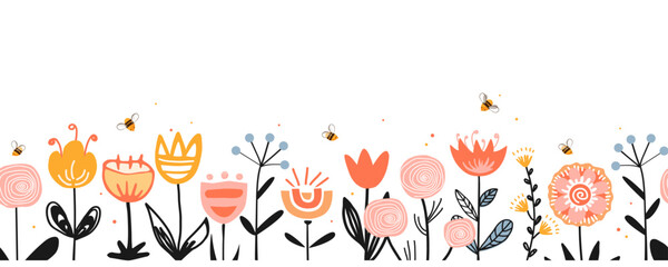 Fairy flowers border in Scandinavian folk style, seamless vector pattern. Repeating doodle flower meadow background with honey bees. Design for fabric, cards, wallpaper, home decor, craft packaging.