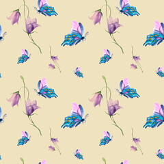 A pattern of butterflies and flowers. Collage. Mosaic. Watercolor illustration. Spring pattern. Textiles, packaging.