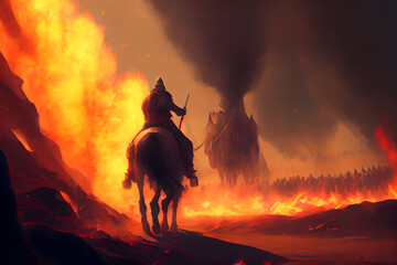 Fantasy medieval battle, knights crossing the desert, there is ice and fire, there is the holy city of Jerusalem in the distance