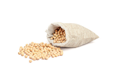 Soybeans in a sack bag isolated on white background
