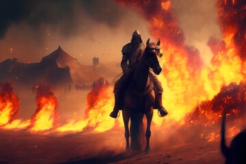 Fototapeta premium Fantasy medieval battle, knights crossing the desert, there is ice and fire, there is the holy city of Jerusalem in the distance