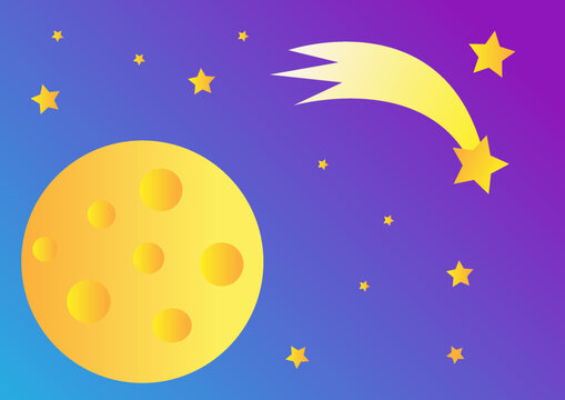 Cartoon image of space, the moon is like cheese, a comet, stars. Vector graphics for wallpapers, postcards, prints.