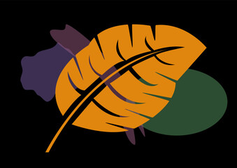 Vector illustration in a minimalist style for printing on dishes, clothes. A stylized image of a leaf on a black background with colored abstract figurines.