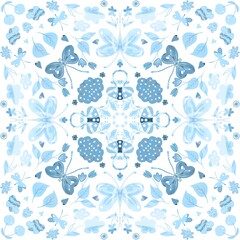 Blue abstract pattern, decorative drawing, art poster. Mushrooms, butterfly, cloud, flower and leaf, hippie style