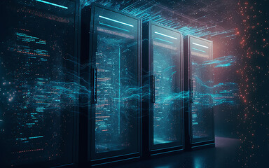 Obraz premium data center with server racks in the corridor room. with blue lighting