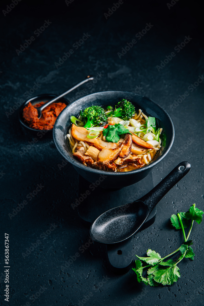 Poster vegan miso or ramen soup with mushrooms and vegetables