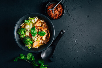 Vegan miso or ramen soup with mushrooms and vegetables