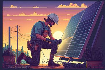 Cartoon style illustration of a photovoltaic system installer - AI generative