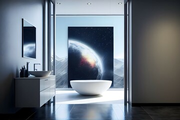 Luxury for bathroom with wallpaper galaxy.Ai generated