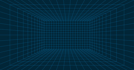 Wireframe room on blue background. Perspective grid