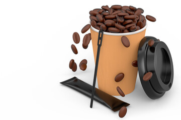 Paper coffee cup with cover, sugar, coffee bean and stick for americano espresso