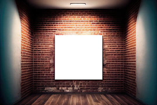 Empty gallery room with clear picture frame sample. Red brick wall and spot lights. Generative AI