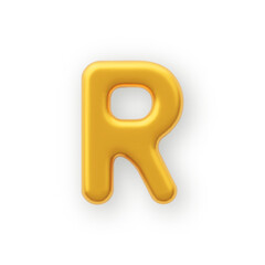 3D Gold uppercase letter R on a white background.