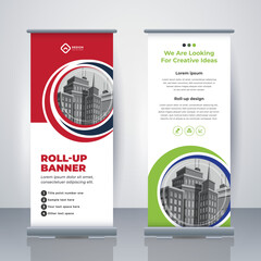 Business Roll Up. Standee Design. Banner Template. Presentation and Brochure.  Modern x-banner and flag-banner advertising. Vector illustration.