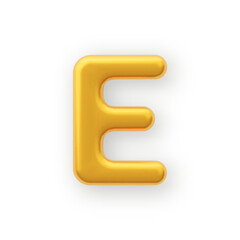 3D Gold uppercase letter E on a white background.