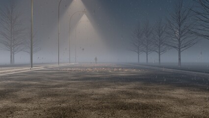 man walking alone in the fog