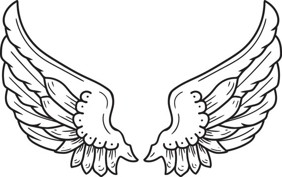 A pair of bird wings. Angel. Vector illustration for tattoo. Element for wood carving. eps 10