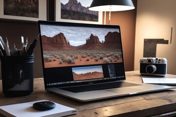 A laptop on a wooden desk with a blurred background