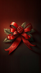 christmas or party decoration of a green leaf with big red ribbon by generative ai