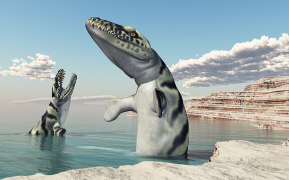 Prähistorisches Krokodil Dakosaurus in einer Küstenlandschaft