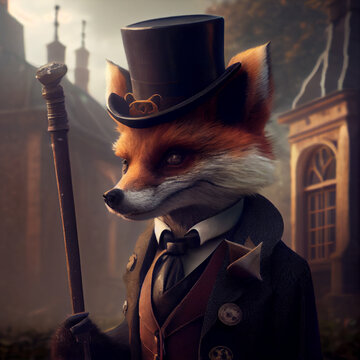 Evil fox wearing a top hat and a cane, standing in a courtyard