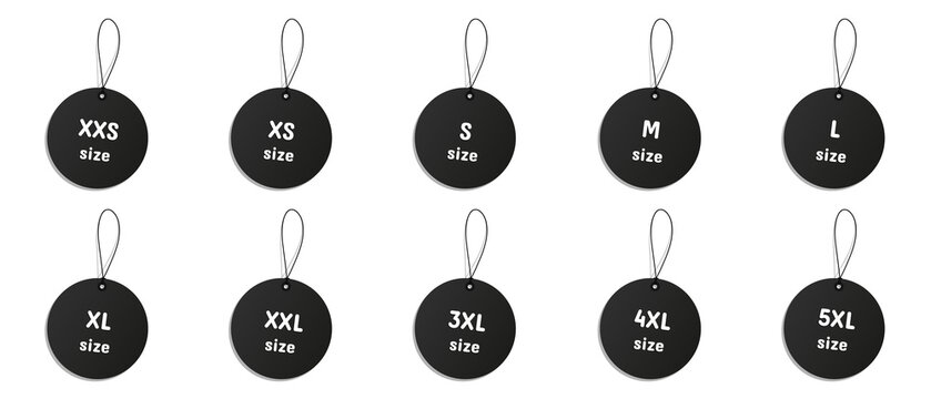 Different Flat Isolated Black Clothing Size Label Illustrations Set