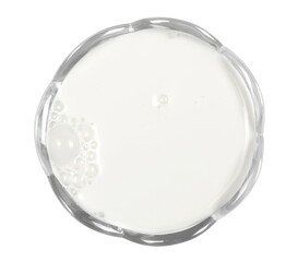 Glass of milk with bubbles isolated on white background, top view, clipping path 