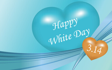 ホワイトデーロゴ　立体的な水色と金色のハートと青いライン
