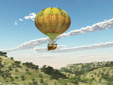 Fantasie Heißluftballon über einer Gebirgslandschaft