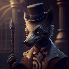 Evil hyena wearing a top hat and a cane, standing in old house - obrazy, fototapety, plakaty