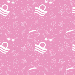 Naklejka premium Hat, sunglasses, sun cream, ice cream cone, beach bag. Set of accessories for a beach holiday, a starfish, a shell and flowers seamless pattern white on a pink background
