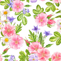 watercolor drawing seamless pattern with wild flowers , pink dog roses, bells, violets and daisies, hand drawn illustration