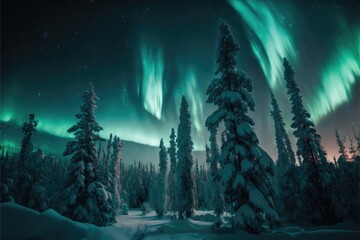 night forest in winter with aurora made with ai