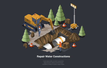 Broken Sewer and Water Supply. Pipeline for Various Purposes. City Engineering Network. Utility Services Repairing Pipeline Of Sewerage. Underground Part of System. Isometric 3d Vector Illustration