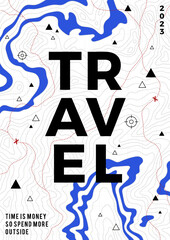 Travel poster of topographic line map. Vector line pattern of geographic map countour. Outline pattern with points, rivers countours, routs. Topography map background.