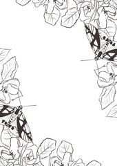 Line art floral frame with butterflies, moths and wildflowers