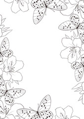 Line art floral frame with butterflies, moths and wildflowers