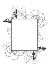 Line art floral frame with butterflies, moths and wildflowers