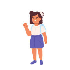 Cute girl go to school in morning waving hands to parents. Happy schoolgirl with backpack