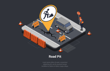 Road Works, Construction Industry And Asphalt Paving. Worker In Uniform Install Construction Sign At closed Section of Road for Repair. ar Riding in an Open Lane. Isometric 3d Vector Illustration