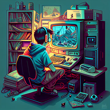AI generated image. Computer games addiction concept.