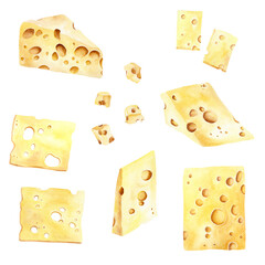 Set of yellow cheese with holes. Watercolor illustration isolated on white background
