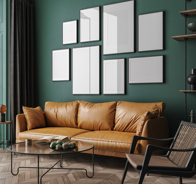 Frame gallery mockup in living room interior with leather sofa, minimalist industrial style, 3d render