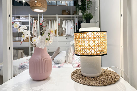 PENANG, MALAYSIA - NOV 22, 2022: IKEA crossover Sonos IKEA SYMFONISK speaker lamp base with wifi showcase in IKEA showroom