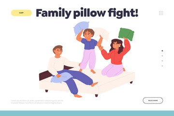 Family pillow fight concept of landing page with joyful kids spend time together fighting pillows