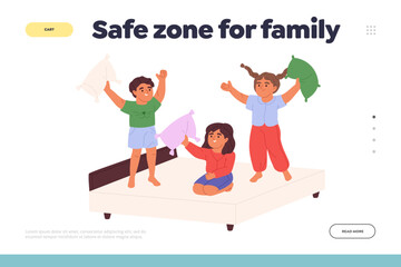 Safe zone for family concept of landing page with happy kids fighting with pillow at home