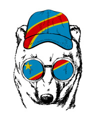 Brown bear's hand drawn portrait. Patriotic sublimation in colors of national flag on white background. Democratic Republic of Congo