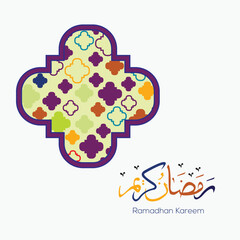 Luxury ramadan kareem design with arabic calligraphy, with filled symbol pattern, on white background