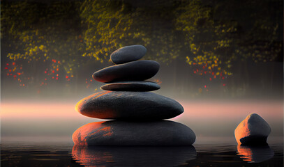 Zen stones  for meditation and balance are fascinating natural structures consisting of a stone standing on a slender ice pedestal generative ai