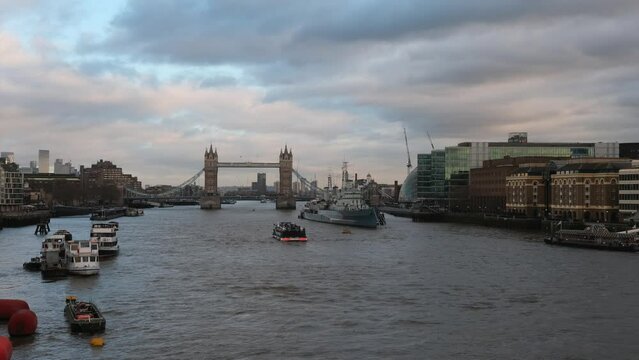 Time lapse of Tower Bridge In London upon Thames River